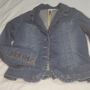 Cato Blue Jean Jacket Button Size M Fitted Gathered In Back Long Sleeves Buttons